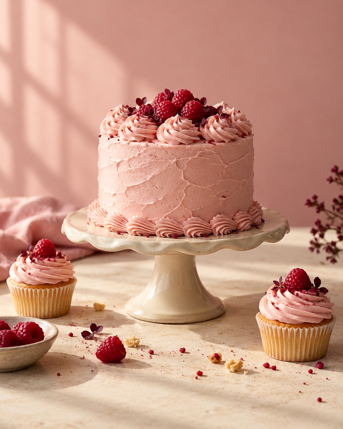 Illustrative pink buttercream cake and raspberry cupcakes on a cream pedestal; AI generated, not Brandi’s products